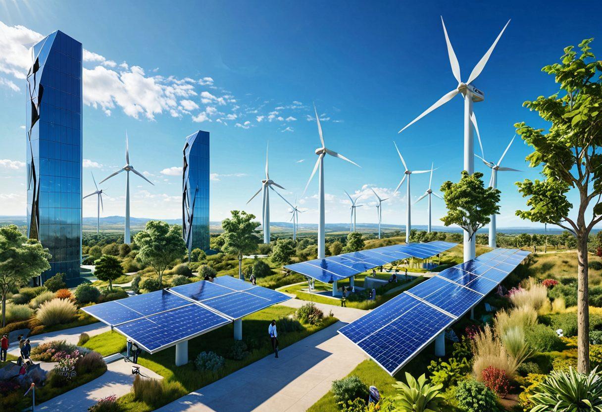 A futuristic landscape showcasing bright, solar-powered buildings surrounded by lush greenery, with wind turbines spinning in the background. Include diverse individuals engaged in eco-friendly battery technology experiments. Emphasize a harmonious blend of nature and technology, symbolizing a sustainable future. Use vibrant colors and a clear blue sky. super-realistic. vibrant colors. 3D.