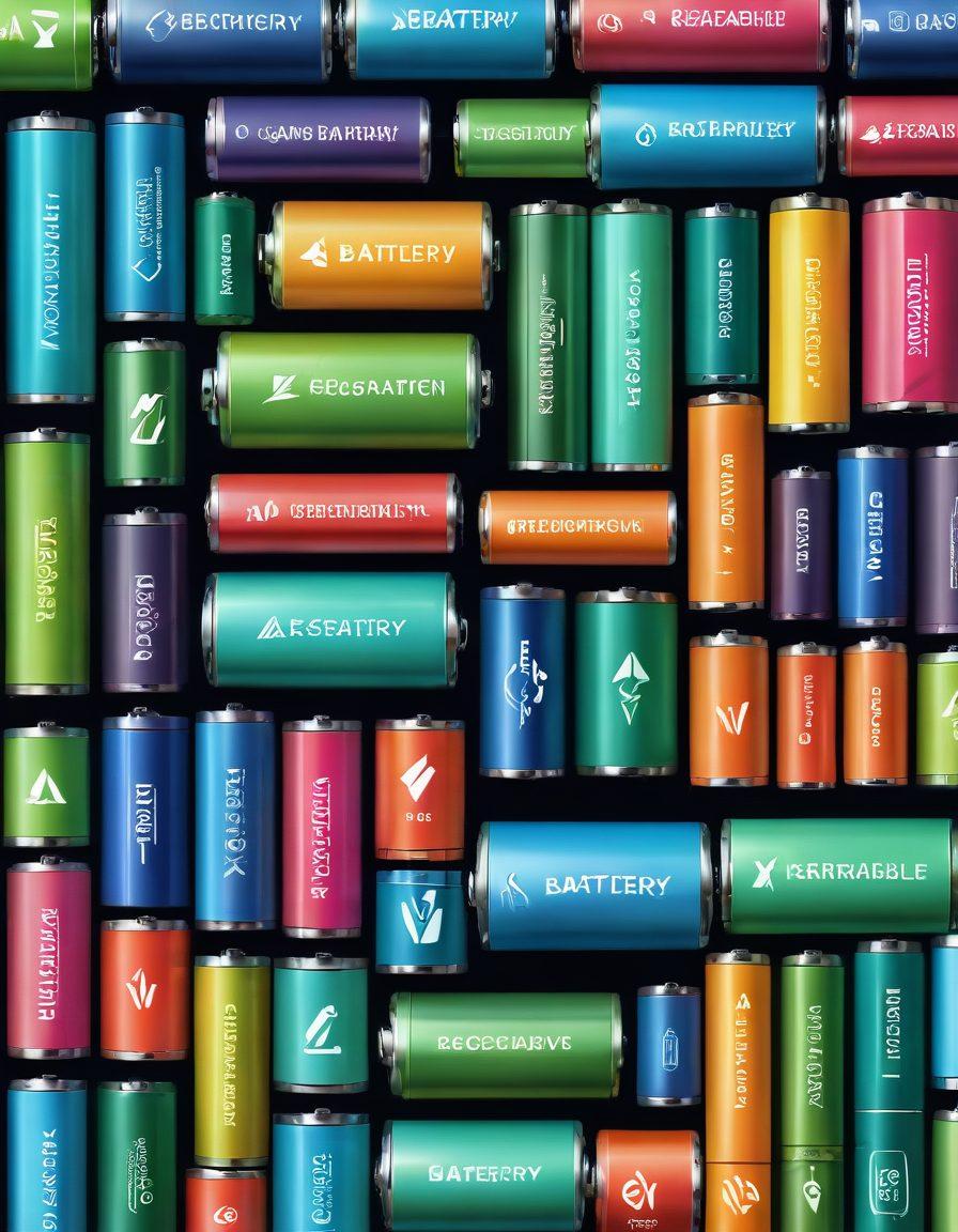 A colorful, organized display of various battery types including rechargeable, eco-friendly, and traditional batteries. Include visual labels indicating their uses and benefits with eco-friendly symbols around them. The background should be a vibrant battery power grid pattern fading into green elements to emphasize sustainability. Use a clean layout with soft shadows for depth. vector art. vibrant colors.
