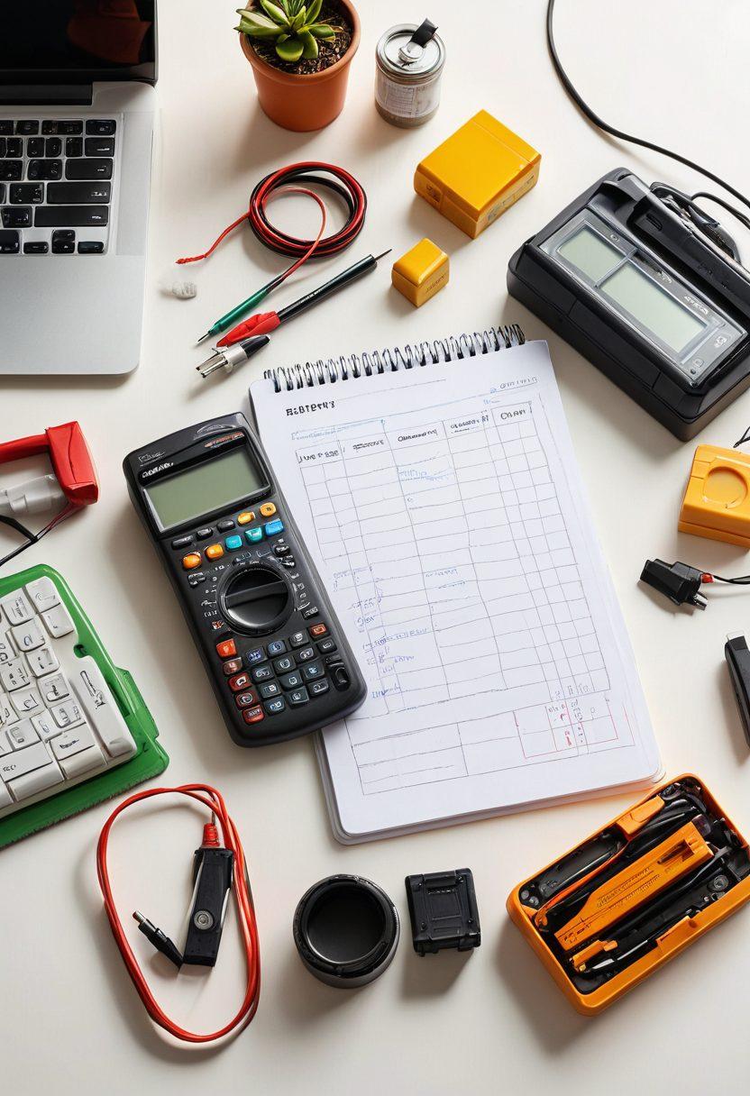 An organized workspace featuring various battery types scattered across a table, with a notepad and calculator, depicting a thoughtful selection process. A vibrant background with tools, like a multimeter and chargers, showing efficiency in action. Bright lighting highlights the various batteries labeled with their specs and prices. super-realistic. vibrant colors. clean white background.